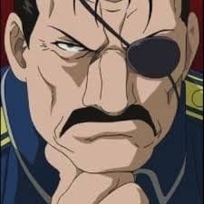 Portrait of King Bradley, the Homunculus Wrath in Fullmetal Alchemist: Brotherhood, with a stern expression and an eye patch.