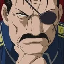 Portrait of King Bradley, the Homunculus Wrath in Fullmetal Alchemist: Brotherhood, with a stern expression and an eye patch.