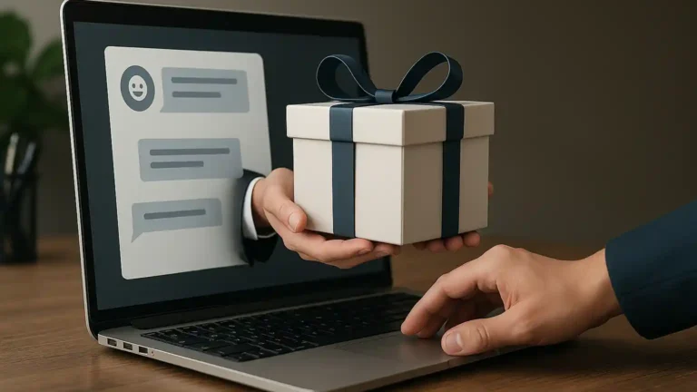 Imagem realista de um notebook sobre uma mesa de madeira. Uma interface de chat aparece na tela, de onde saem duas mãos oferecendo uma caixa de presente embrulhada com fita azul a um usuário. A imagem representa nosso Relacionamento com a IA.