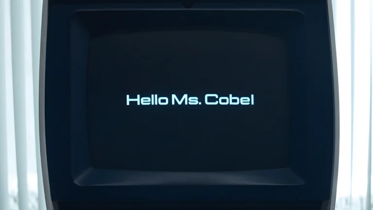 Tela do computador de Milchick exibe a mensagem 'Hello Ms. Cobel', indicando que o sistema ainda não foi atualizado após a saída de Harmony Cobel da Lumon.