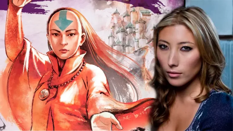 Montagem com Dichen Lachman, atriz da série Ruptura, ao lado de uma ilustração oficial da Avatar Yangchen com roupas tradicionais laranja e símbolo do ar na testa, baseada na capa do livro 'The Dawn of Yangchen', da Amulet Books.