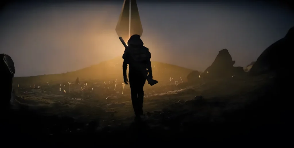 Scene from Foundation shows a lone figure walking toward a monumental illuminated structure, symbolizing the search for hope in the face of collapse.