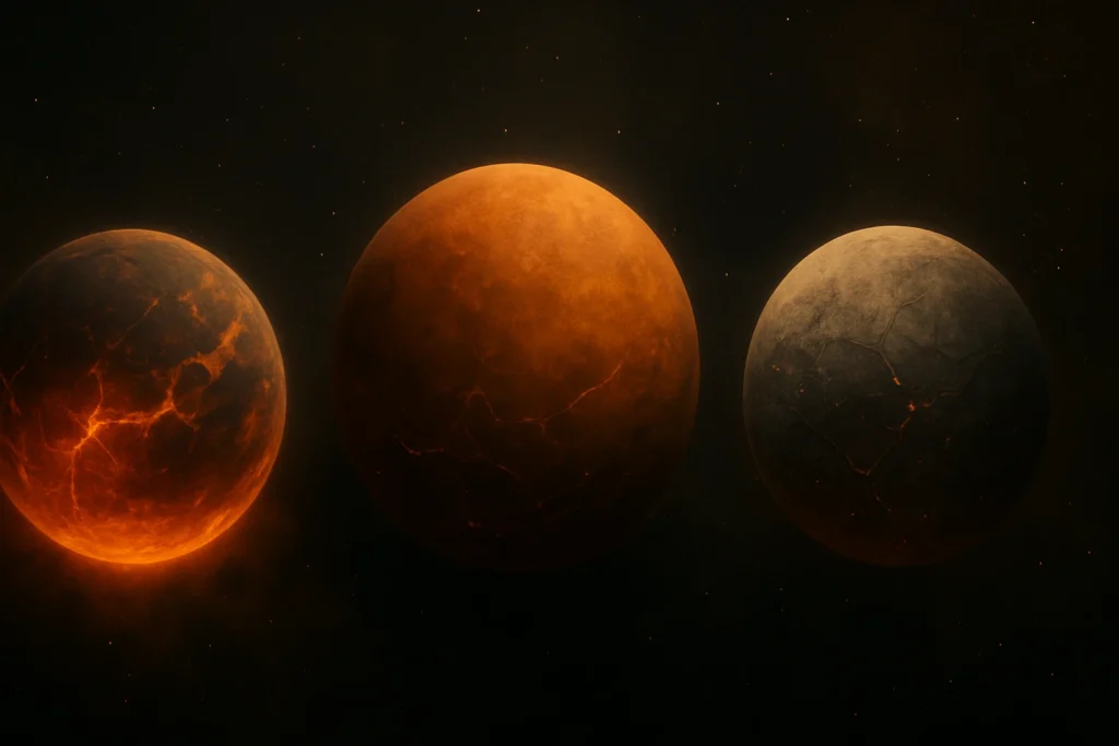 Três planetas alinhados no espaço: Terra primitiva, Vênus e um exoplaneta, representando diferentes estágios de atividade tectônica. - Tectonismo em Vênus