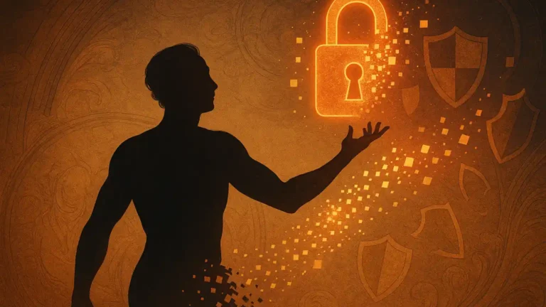Digital illustration of a partially back-facing human silhouette in a dynamic pose with one arm raised. The fingers are disintegrating into data fragments, while digital padlocks and shields in front also dissolve. The background features abstract tech elements with Renaissance-inspired aesthetics, evoking vulnerability and exposure of personal data on the internet.
