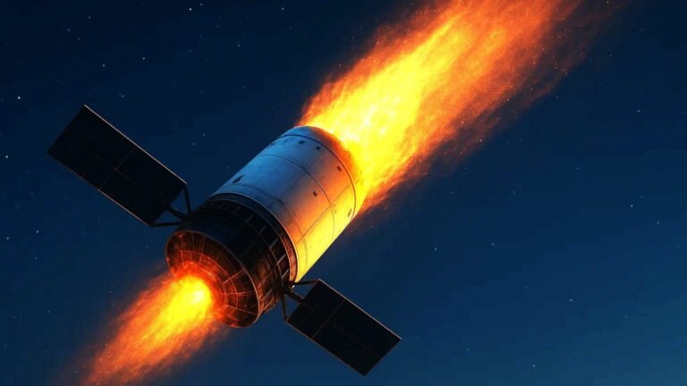 3D-generated digital image shows a satellite reentering Earth's atmosphere, viewed from behind at close range and a 45-degree angle. The satellite is partially engulfed in flames, with about 25% of its structure consumed, leaving a fiery trail across the starry night sky. The scene evokes a Hollywood-style action aesthetic.