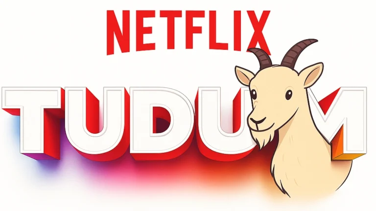 Colorful digital illustration with the word TUDUM in large letters styled like the Netflix brand, with NETFLIX written in red above. A cartoon goat appears coming out from the letter 'U', looking curiously at the viewer. The image references Netflix's iconic sound, which was almost replaced by the sound of a goat. - Origin of the name Tudum