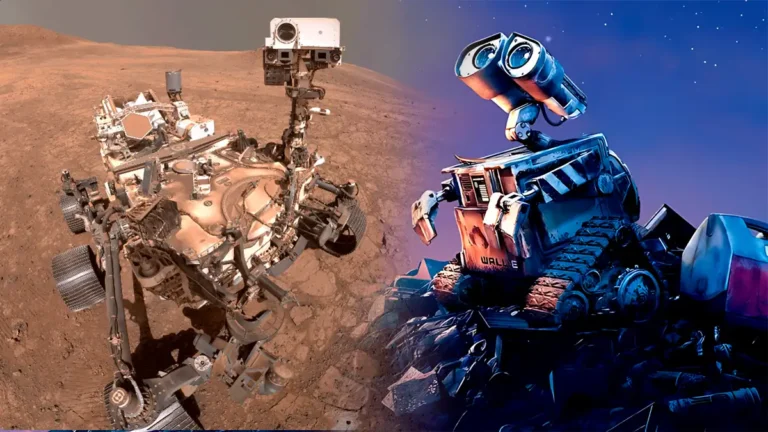Image montage showing NASA's Perseverance rover on Mars (left) and Pixar's WALL·E character on the right, suggesting a parallel between fiction and reality.