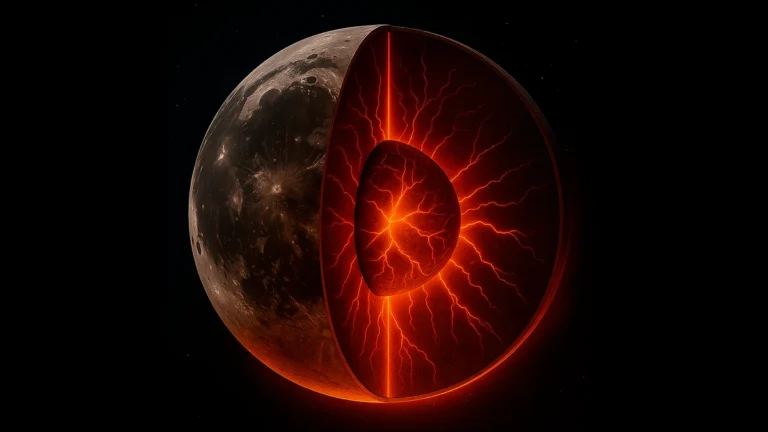 Artistic rendering of the Moon cut in half, with glowing magma flowing from the core to the outer layers. The image suggests intense internal activity that took place billions of years ago on the near side of the Moon.