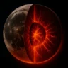 Artistic rendering of the Moon cut in half, with glowing magma flowing from the core to the outer layers. The image suggests intense internal activity that took place billions of years ago on the near side of the Moon.
