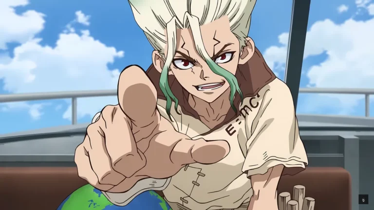 Senku points forward with a determined expression in Dr. STONE Final Season Part 2, with the Earth globe highlighted.