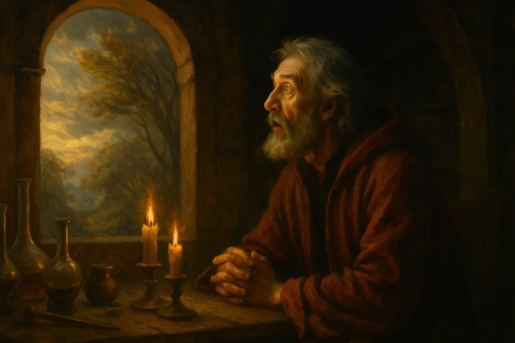 Alquimista idoso observa pela janela com expressão de espanto. Sobre a mesa há velas acesas e frascos, representando o nascimento da alquimia como resposta à mudança constante da matéria.