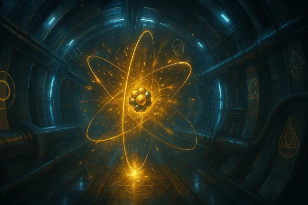 Representação futurista e simbólica de um átomo dourado flutuando em um túnel de laboratório, sugerindo a recriação do ouro por colisão de partículas — a pedra filosofal da ciência moderna.