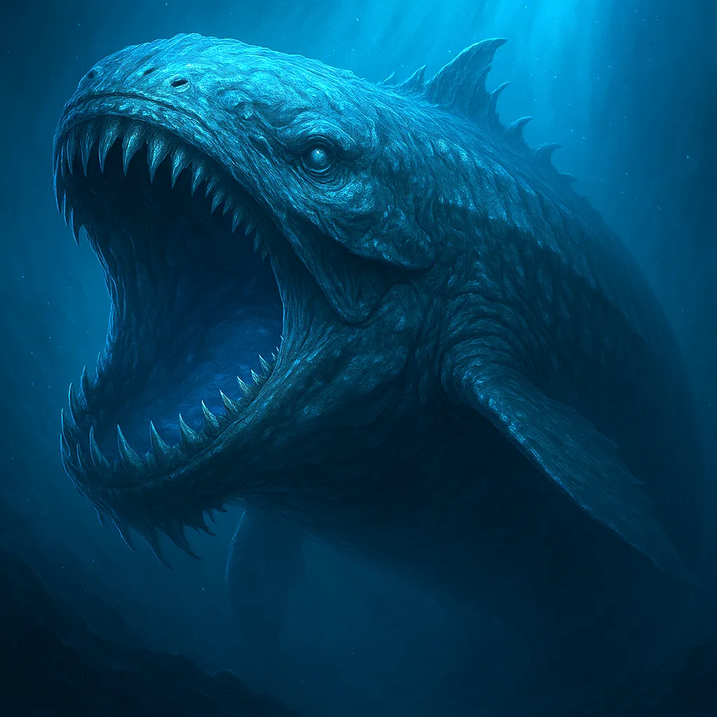 Artistic representation of a colossal sea creature, dozens of times larger than a blue whale, hypothetically responsible for the Bloop sound.