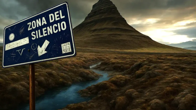 Weathered sign reading 'Zona del Silencio' placed on rocky terrain, with a solitary mountain in the background under a cloudy sky. AI-generated image.