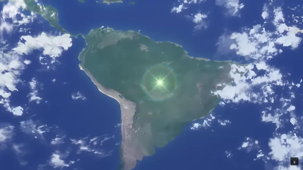 Imagem da América do Sul com brilho no epicentro da petrificação em Dr. STONE Temporada Final Parte 2.