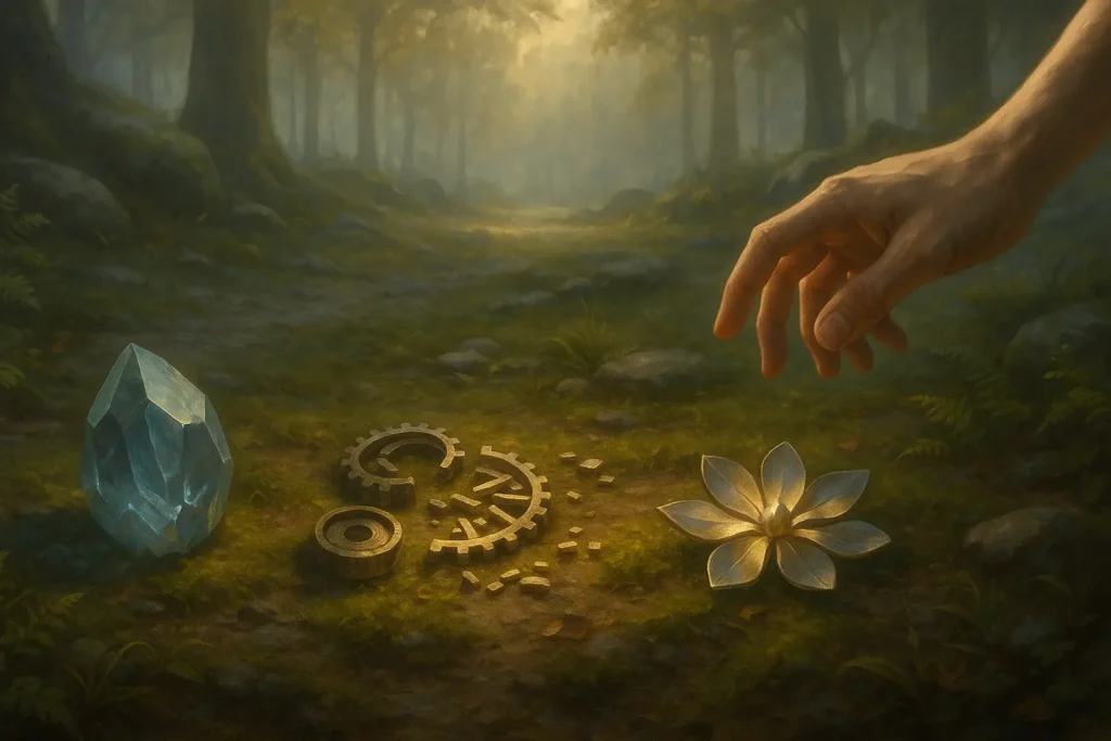 Em uma clareira, três objetos no chão representam a transformação: um cristal bruto (compreender), peças desmontadas (decompor) e uma flor dourada em montagem (reconstruir), com uma mão prestes a tocá-los.