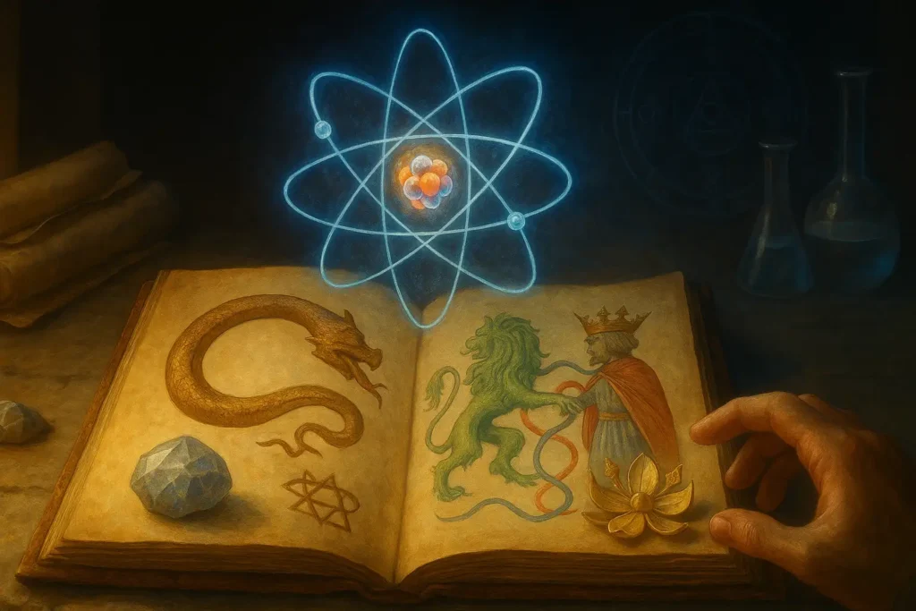 Livro alquímico aberto exibe símbolos clássicos como o dragão ouroboros, o leão verde e o casamento do rei e da rainha, enquanto um átomo moderno paira acima das páginas, unindo mito e ciência.