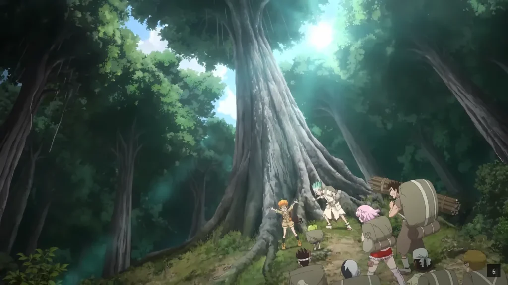 Senku e o grupo exploram uma grande árvore na floresta amazônica em Dr. STONE Temporada Final Parte 2.