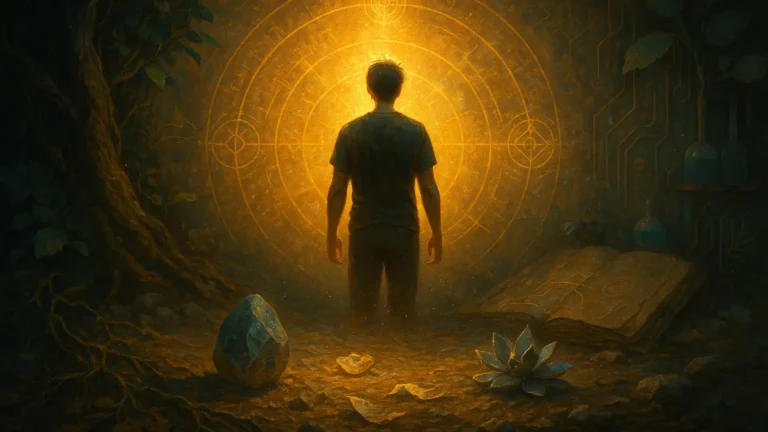 A solitary human figure stands before a golden light circle with alchemical patterns, surrounded by fragments on the ground. The image evokes the final question: are we ready to transform ourselves?