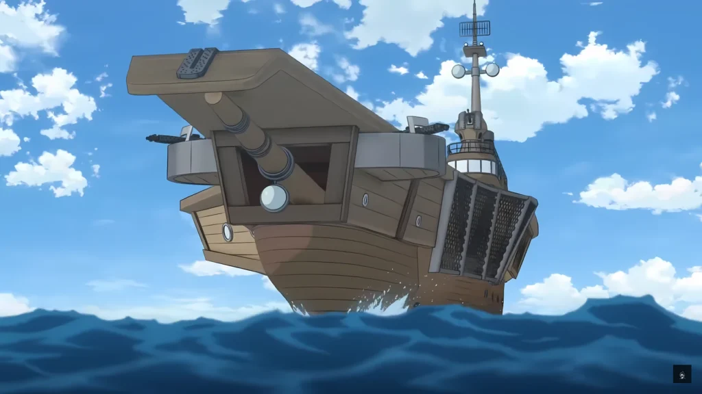 Navio Perseus avança pelo oceano em Dr. STONE Temporada Final Parte 2, simbolizando a missão científica.