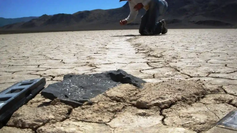 Cover image of Racetrack Playa showing visible trails of rocks that moved across the dry, cracked ground.