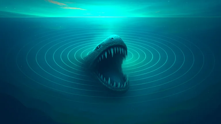 Conceptual image shows a sound emission point in the ocean with a colossal creature emerging, used as the cover image for the Bloop post.
