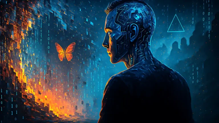 Conceptual artwork of a cybernetic humanoid facing a butterfly in a pixelated world. Represents the hypothesis that we live in a simulation.