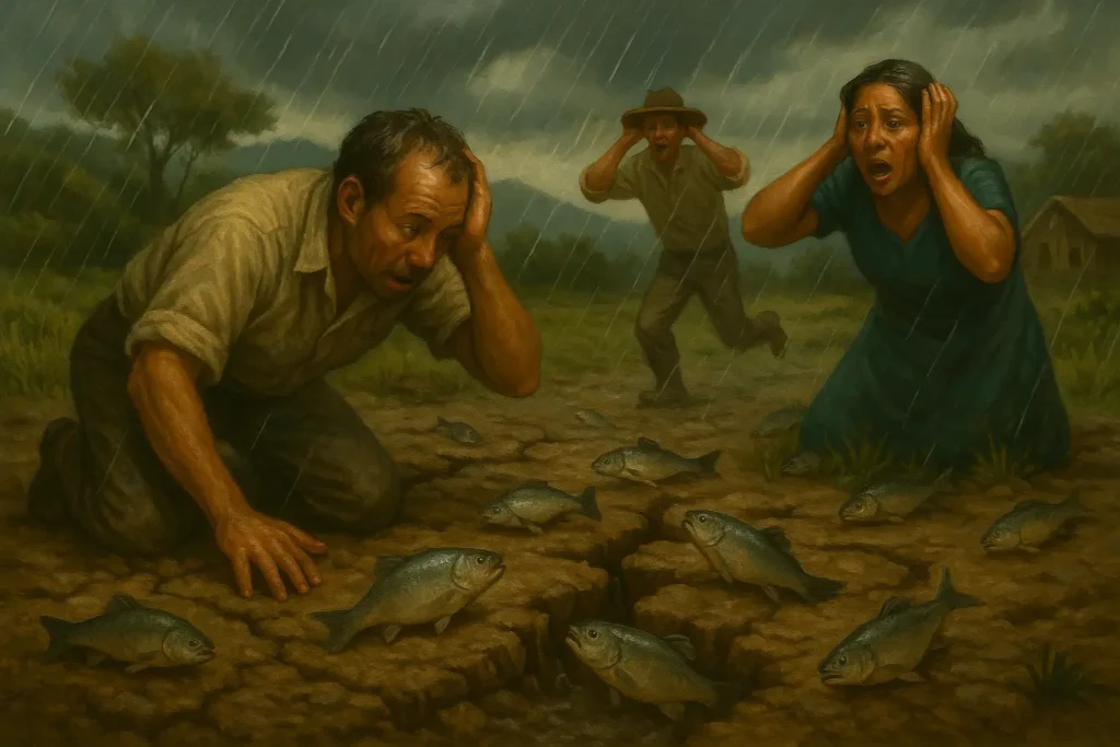 Cena em área rural onde moradores observam peixes vivos emergindo do chão rachado após uma forte chuva, representando a teoria das correntes subterrâneas em Yoro.