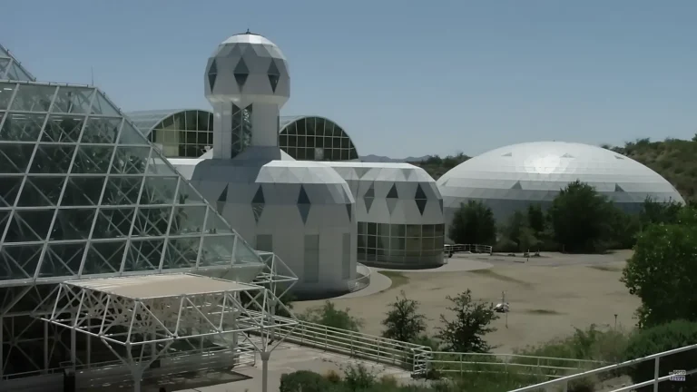 Detail of Biosphere 2's domes and interconnected structures, designed to simulate different biomes in a closed environment.