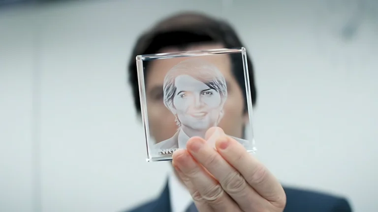 Mark holds and polishes his glass cube with his own face, reflecting on the meaning of the award in the series Severance.