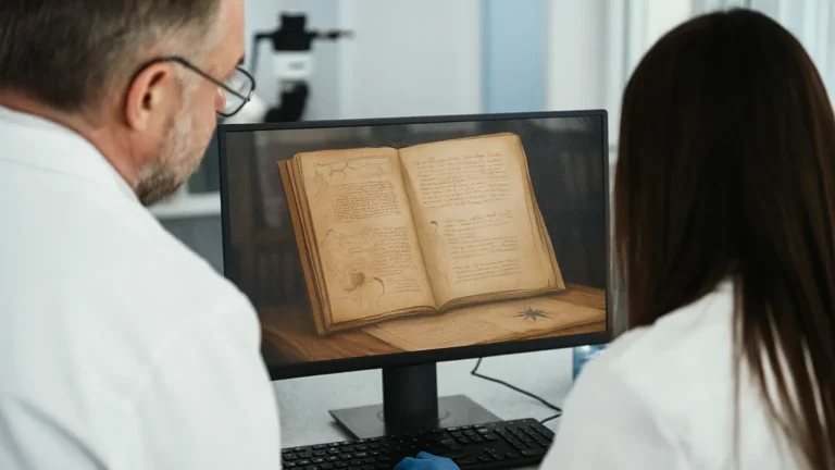 Two researchers analyze a digital version of the Voynich Manuscript displayed on a computer monitor in a modern lab. The image represents AI-based studies on the mysterious text.
