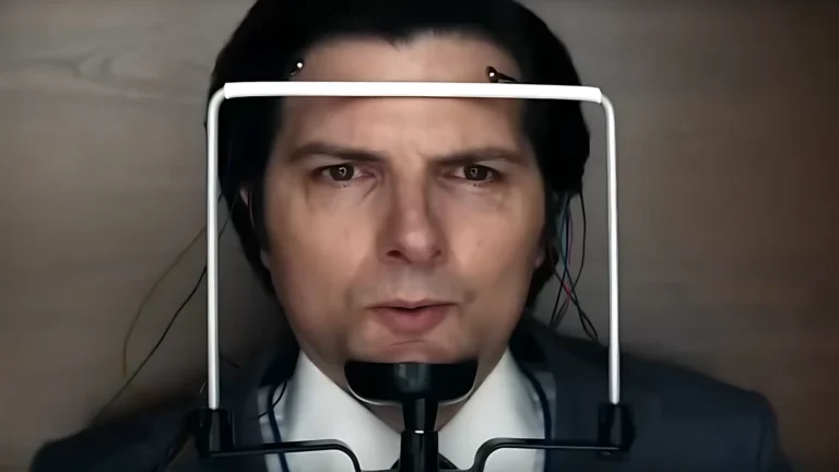 Mark undergoes a disturbing procedure with a device attached to his face, showing tension and confusion in episode 2x03 of the series Severance. Wires and sensors connected to his face suggest a psychological test or interrogation.
