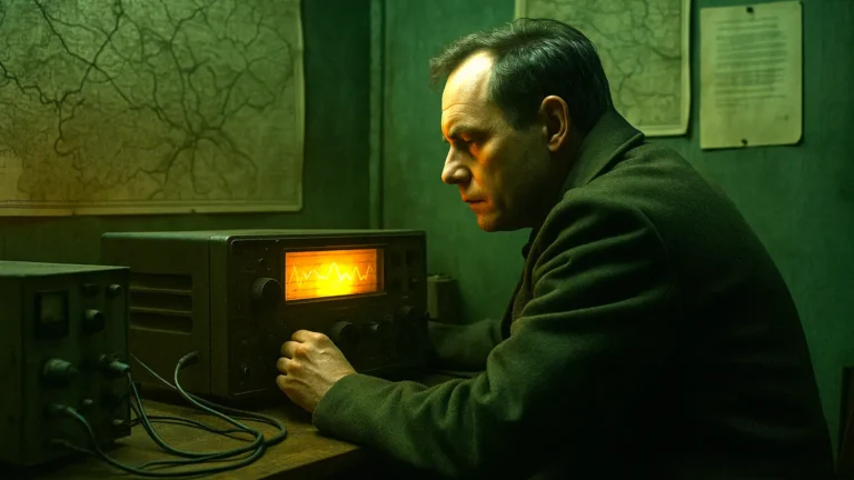 Artistic depiction of a Soviet radio operator tuning a shortwave radio in a dimly lit room, with warm lighting and old maps on the walls, illustrating the mysteries surrounding the UVB‑76 station.