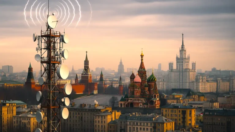 Conceptual image of the UVB-76 radio showing a broadcast tower emitting signals over Moscow at dawn, with St. Basil's Cathedral and the Kremlin in the background.