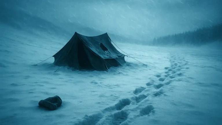 Artistic recreation of the Dyatlov incident tent abandoned in the snowstorm, with footprints suggesting a desperate escape.