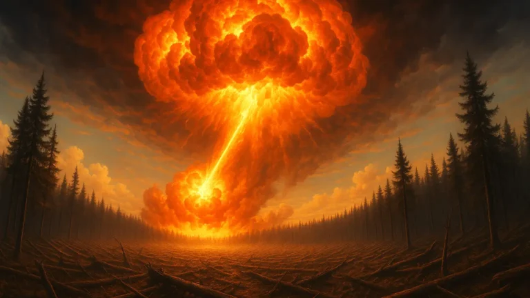 Intense aerial explosion over the Siberian forest, with fire columns and radially fallen trees. Artistic representation of the Tunguska impact.