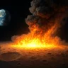Representação ilustrativa de uma explosão nuclear de grandes proporções na superfície da Lua, com a Terra ao fundo.
