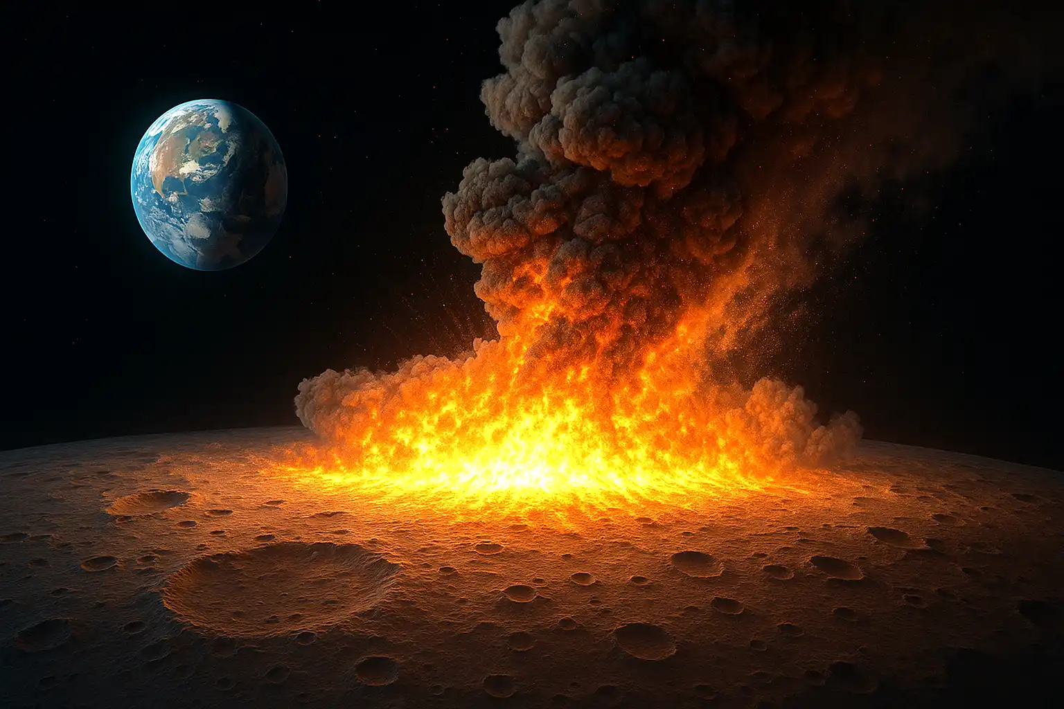 Illustrative rendering of a massive nuclear explosion on the Moon’s surface, with Earth visible in the background.