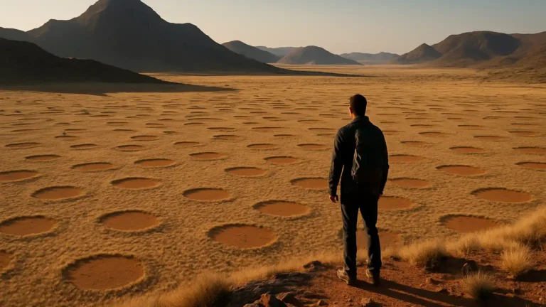 Representação ilustrativa dos círculos de fadas na Namíbia, com um viajante solitário observando o padrão de clareiras no deserto ao amanhecer.