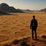Representação ilustrativa dos círculos de fadas na Namíbia, com um viajante solitário observando o padrão de clareiras no deserto ao amanhecer.