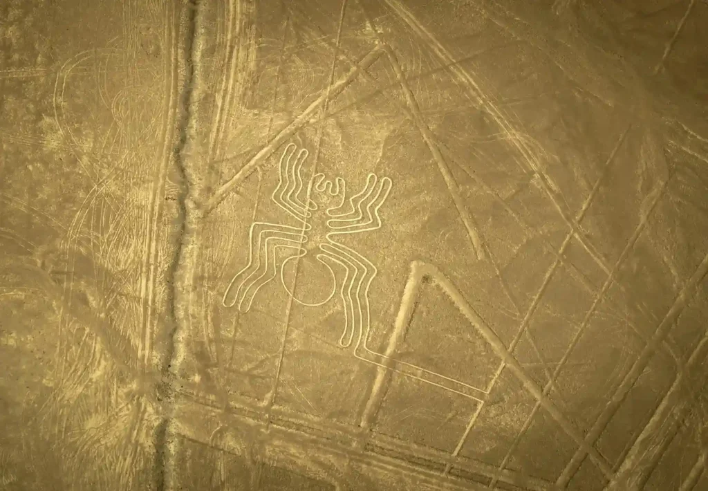 Geoglifo da aranha nas Linhas de Nazca, no Peru, visto de cima em meio ao deserto.