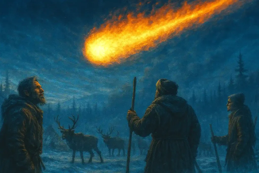 Três pastores Evenki observam um meteoro em chamas cruzando o céu da Sibéria ao amanhecer, com renas ao fundo. Representação do momento anterior à explosão de Tunguska.