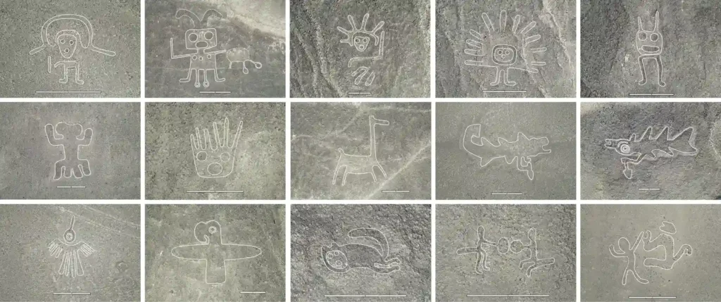 Imagem de 15 novos geoglifos de Nazca descobertos com apoio de inteligência artificial. As figuras incluem formas humanoides, animais como camelídeos e orcas, pássaros, felinos e cenas cerimoniais. Linhas brancas destacam os contornos para facilitar a visualização. Imagem publicada no estudo de Sakai et al. (2024), disponível no site da PNAS.