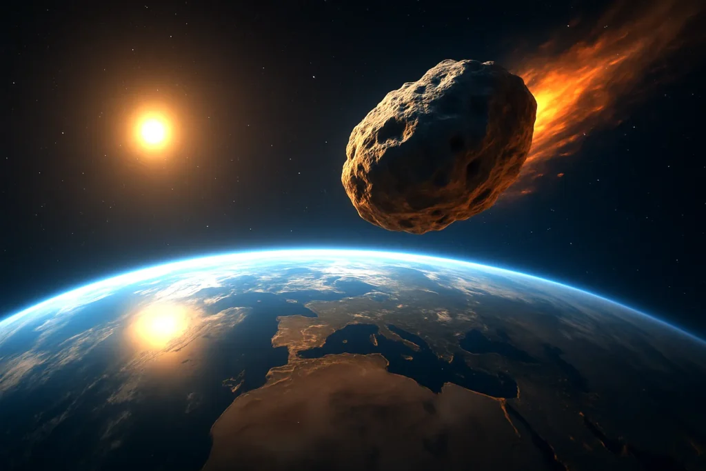Asteroide em chamas se aproxima da Terra, com a Europa em destaque e o Sol ao fundo. Ilustração da ameaça global de impactos como o de Tunguska.