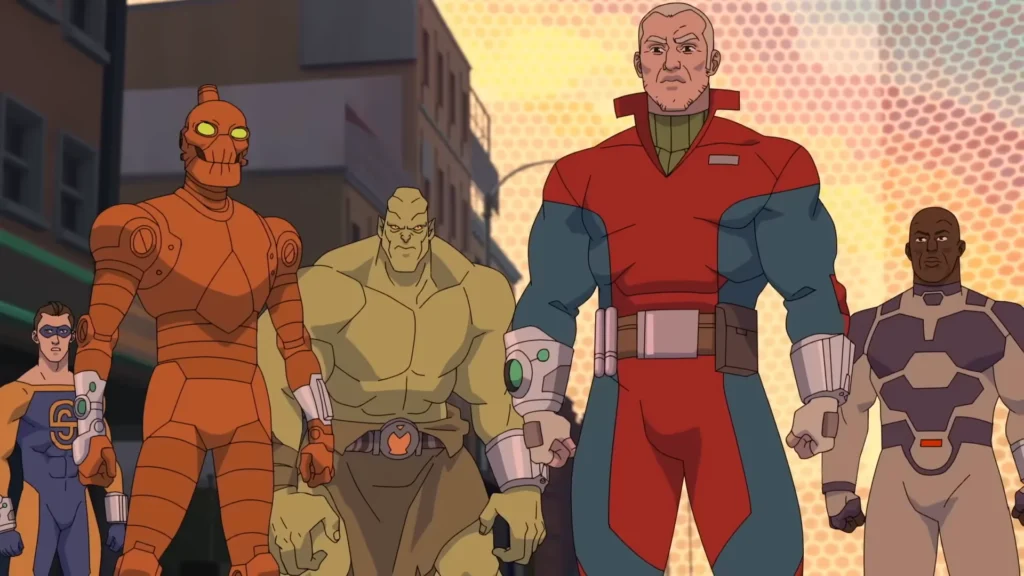 Os novos Guardiões do Globo reunidos em Invencível temporada 4, com Monster Girl em forma monstruosa, Robot, Bulletproof, Black Samson e Shapesmith durante uma missão organizada pela GDA.