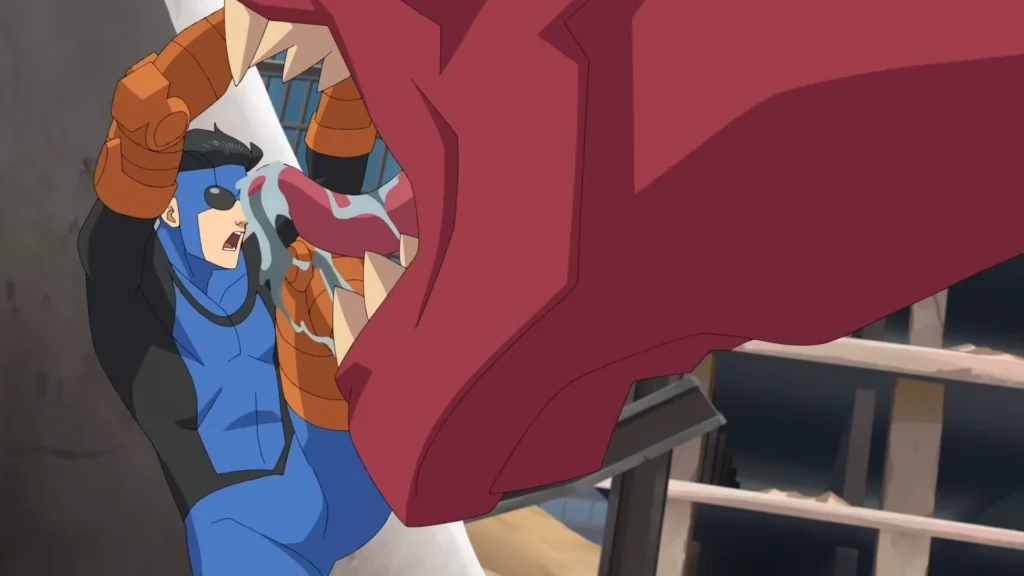 Invencível entra em confronto direto com Dinossauro, que tenta atacá-lo com força bruta, simbolizando o embate entre poder físico e ideologia radical na série Invencível.