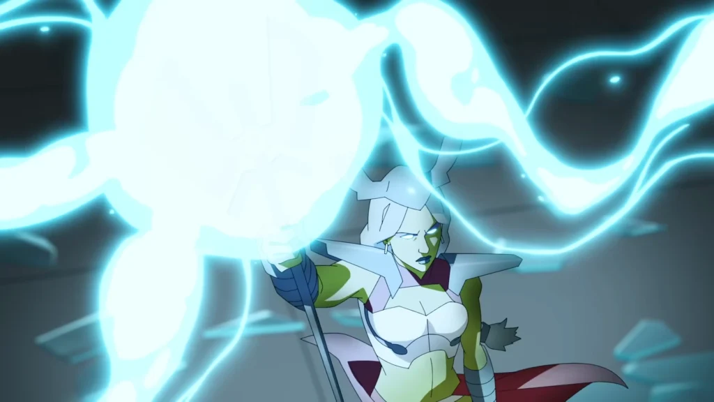 Universa canaliza uma poderosa energia luminosa por meio de seu cajado, demonstrando o potencial destrutivo que ameaça cidades inteiras na temporada 4 de Invencível.