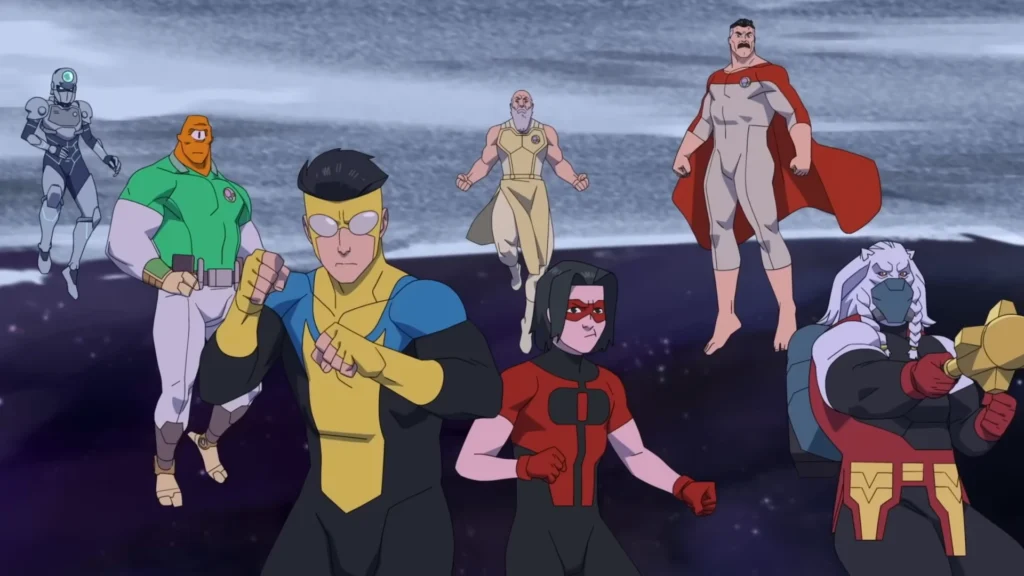 Integrantes da Coalizão dos Planetas reunidos em Invencível temporada 4, com Tech Jacket, Allen the Alien, Mark Grayson, Thaedus, Oliver Grayson, Omni-Man e Battle Beast antes do avanço da guerra contra os Viltrumitas.